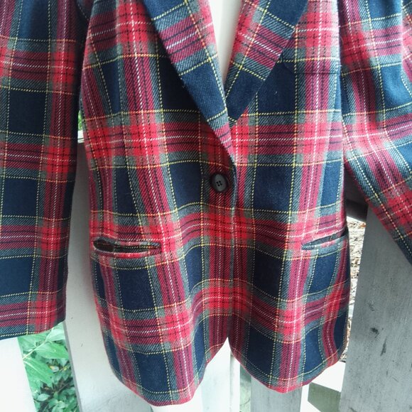 Vintage 80s 90s Wool Plaid Tartan Preppy Academia Oversized Blazer Women Sz 16 - Picture 7 of 8